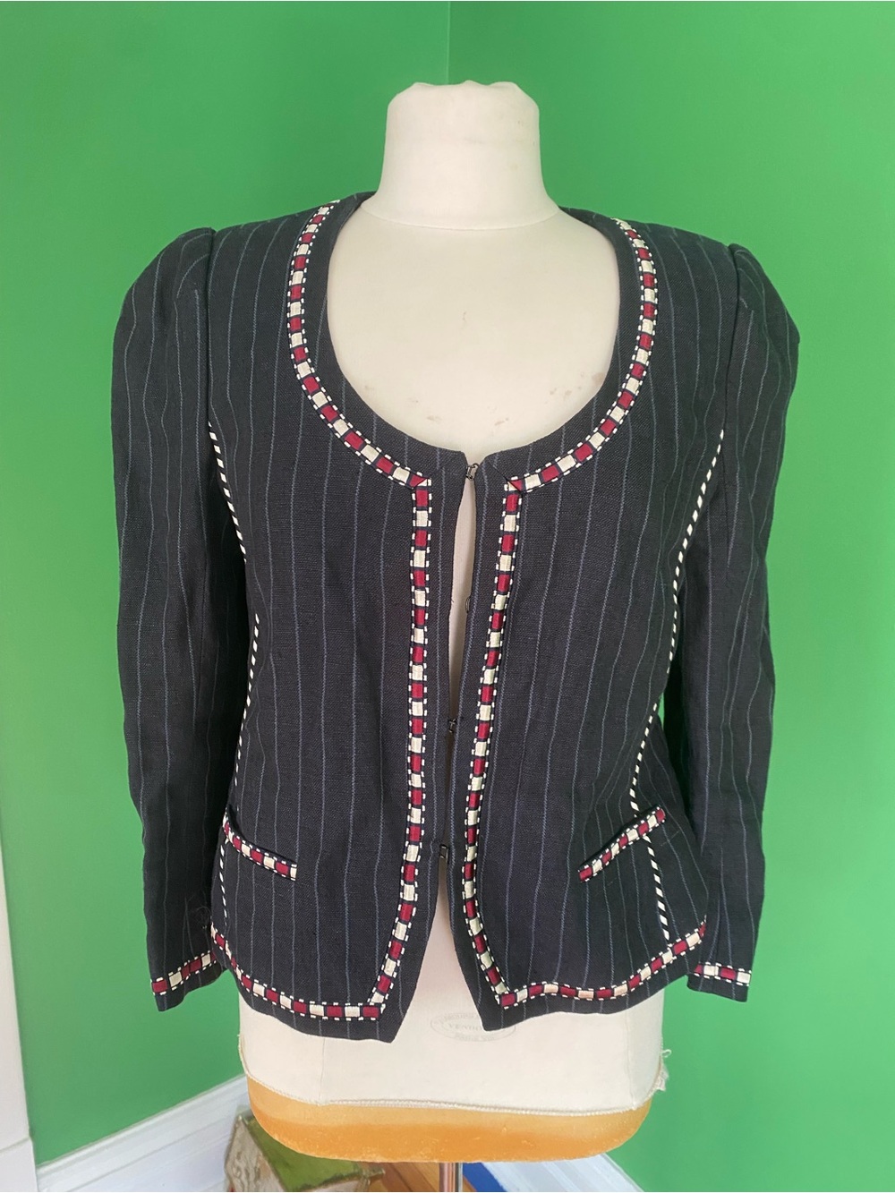Isabel Marant Etoile linen Navy Pinstripe Embellished Open-Front Jacket